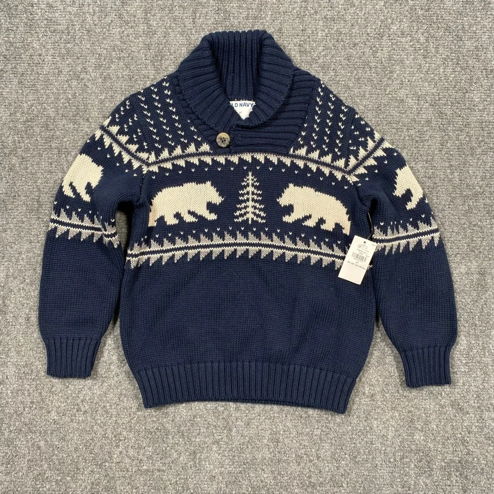 Old Navy Kids Boys Girls 3T Blue Bear Tree Fair Isle Shawl Collar Sweater